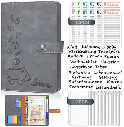 A6 Budget Planner Deutsch, Bugetplaner Budget Binder sparbuch, Glücksschwein Geld Organizer mit Folien Cash Stuffing mit 12 Stück Umschlagmethode Binder …