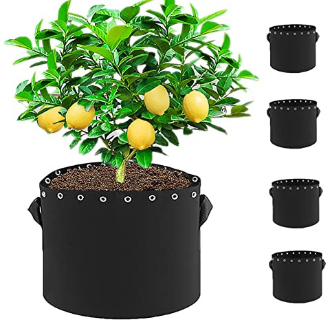 HOSECES Bolsas de cultivo de 15 galones, paquete de 5 macetas de tela transpirable gruesa con agujeros y asas, contenedor de tela no tejida de 56 litros para plantas, verduras, hierbas y frutas