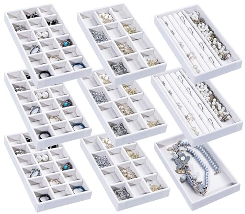 Frebeauty Bandeja organizadora de joyas, bandejas apilables de terciopelo para joyas, insertos de cajones, organizador de aretes para mujeres y niñas, estuche de almacenamiento de joyas para anillos,