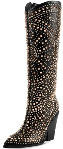 iiimmu Knee High Boots Women Black Pointed Toe and Chunky Heel Boots for Women Luxurious Studded Boots Tall Boots with Gold Metal Rivets, Size US 10