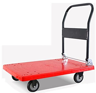 Schiebewagen, Flachbettwagen, Kleiner Plattformwagen mit Kunststoffdeck und Metallgriff, zusammenklappbarer Wagen, einfache Lagerung und hohe Tragfähigkeit, roter Plattform-Handwagen (770 lb