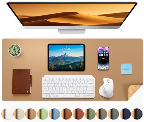 Aothia Sous-main en liège,Tapis de Bureau double face en liège naturel & cuir PU,tapis de souris/protection de table,facile à nettoyer,imperméable pour bureau/maison (Kaki,90x40cm)