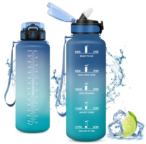 Vikaster Sport Trinkflasche, Water Bottle with Straw 1.5L, Trinkflasche Leak-Proof, BPA-Free, Sportflasche für Camping, Yoga, Gym, Outdoors, B-blau+grün