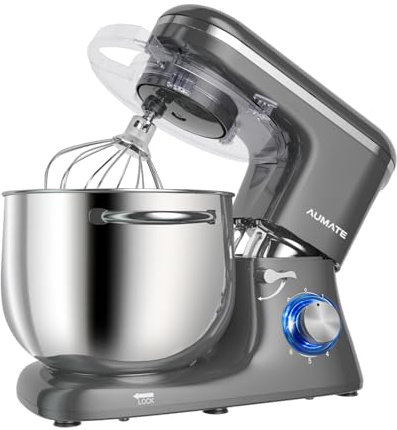 AUMATE Robot da cucina 1400 W, impastatrice da 8 l, impastatrice con gancio, gancio per impastare, frusta, 6 velocità, frullatore (ferro grigio)