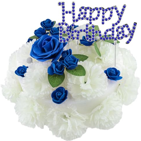 CUQRY Cemetery Memorial Artificial Flower Cake - Elegant Ivory Carnations & Blue Roses with Sparkling Happy Birthday Insert-Suitable for Grave Headstones Gravesite Decorations Sympathy Gifts