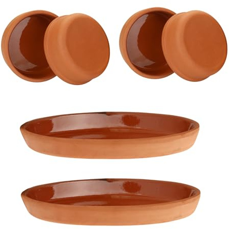 Areste Terracotta Clay Cooking Pots, Non-Stick, Oven & Dishwasher Safe, Brown, 3 Count (4 Round, 2 Ellipse)