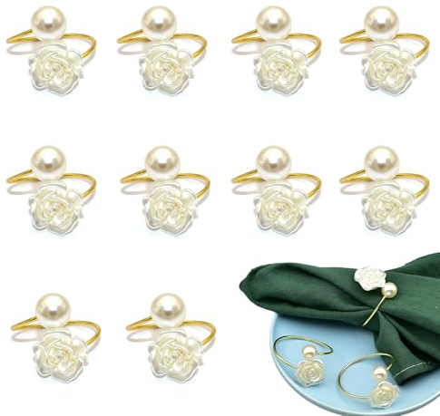 BSITSSS 10 Pezzi Portatovaglioli, Anelli Tovaglioli Perla Forma di Rosa, Classico Anelli per Tovaglioli da Tavola, Oro Allacciatovaglioli, Anello Portatovagliolo per Matrimonio, Festival, Compleanni