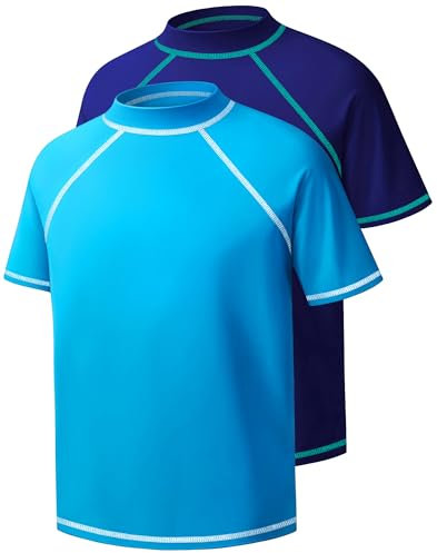 Rashguard, kurzärmeliges Schwimmshirt, LSF 50+, Sonnenschutz, UV-Schutz, für Kinder, Jugendliche, LSF, Surfen, Wasser, Strand, Bademode, Oberteil, schnell trocknend, 2er-Pack, Himmelblau/Marineblau