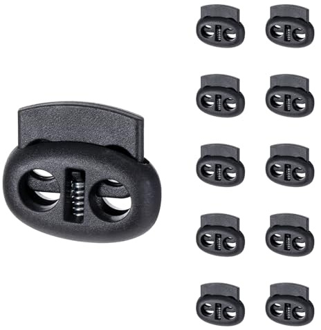 Apausvcm 10Pcs Shoe Lace Tie Locks, Plastic Cord Locks Double Hole Drawstring Stopper Fastener Black Spring Cord Lock for Shoelaces Drawstrings Paracord Clothing Bags Sweatpants Hats