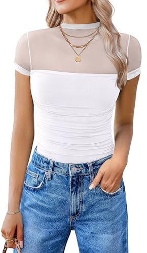 Avidlove Body da donna con maniche corte, con collo alto, in rete, a manica lunga, in un pezzo, per uscire, top da appuntamento, abiti, bianco, Large