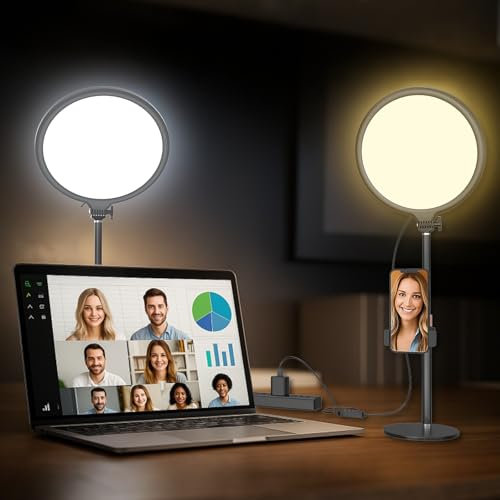 Upgrade Ringlicht mit Stativ Handy Laptop Videokonferenz Licht, 10.3” Tisch Handy Ringleuchte 3 Lichtfarben+5 Helligkeiten 360°Drehbar für Streaming Beleuchtung YouTube Tiktok, Baureihe R8