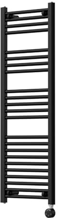 Companyblue 300 x 1200mm Matt Black Electric Heated Towel Rail with Thermostatic Heating Element - Ultra-Slim Contemporary Flat Ladder Radiator - Pre-Filled Electric Towel Warmer
