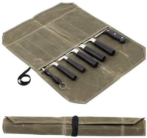 Knife Roll Bag, Portable 7 Slots Waxed Canvas Knife Bags, Cutlery Tool Roll Case Bag for Camping Hold Home Kitchen Tools, Easy Carry with Wrapping Strap, Superior Gift for Cooking Chef(COLOR:green)