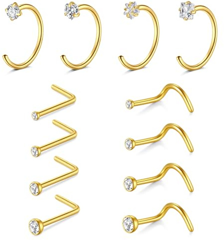 AVYRING 12 piercing per naso per donne e uomini, 18 G, in acciaio inox, con zirconia cubica, a forma di L, con diamanti a forma di L, viti in argento/oro, da indossare tutti i giorni, Acciaio