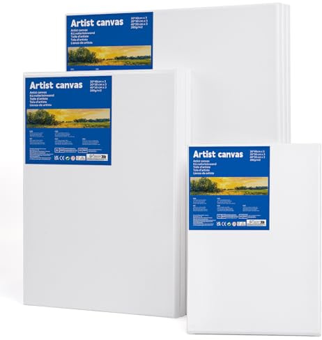 Duk för målning, set 9 stycken – 20 x 30, 30 x 40, 40 x 50 förspänd vit konstnärsduk av 100 % bomull 280 g/m² | kilram av trä med 17 mm tjocklek | kilramduk för olja och akryl