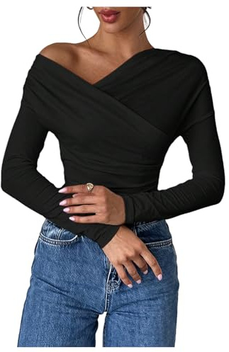 Milumia Women's Ruched One Shoulder Tops Cross Wrap Neck Long Sleeve Slim Tee Shirts Black Medium