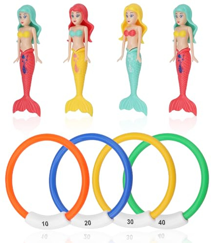 Shwdsy Tauchspielzeug für Kinder, 4 Stück Tauchringe, mit 4 stück Meerjungfrau Wasserspielzeug, PVC Badewannen Spielzeug, für Schwimmbad und Tauchtraining