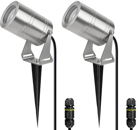 jnr Foco LED de jardín de acero inoxidable con estaca, IP65, resistente al agua, con patrones, incluye bombilla GU10 de 5 W, 3000 K, cable de 2 m, sin enchufe (2-Plata)