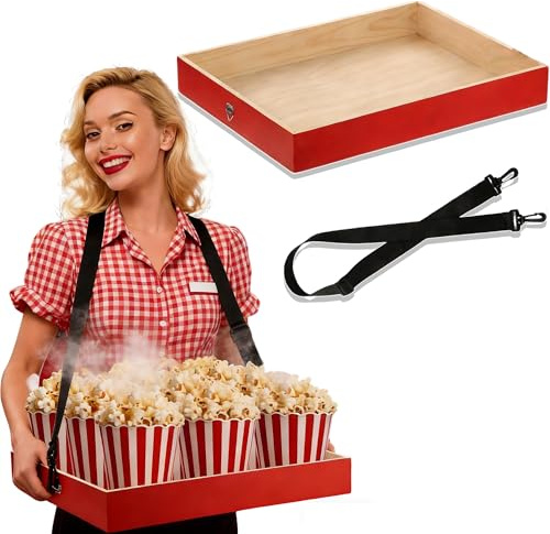 MINGZE Plateau De Collation En Bois Avec Sangle, Plateaux De Service De Fête, Magasin Ventral Pour Enterrement De Vie De Jeune Fille, Décoration De Fête, Pour Hommes Et Femmes, 40*30*5.5 Cm, Rouge