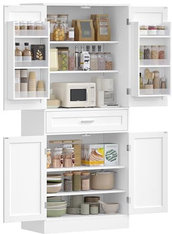 Hzuaneri Kitchen Pantry Cupboard with 6-Tier Door Back Shelf & Large Drawer | Tall Kitchen Cabinet with 4 Doors, Sideboard Storage Cabinet for Dining Room, Living Room, 40 x 80 x 180 cm, White PT21003X