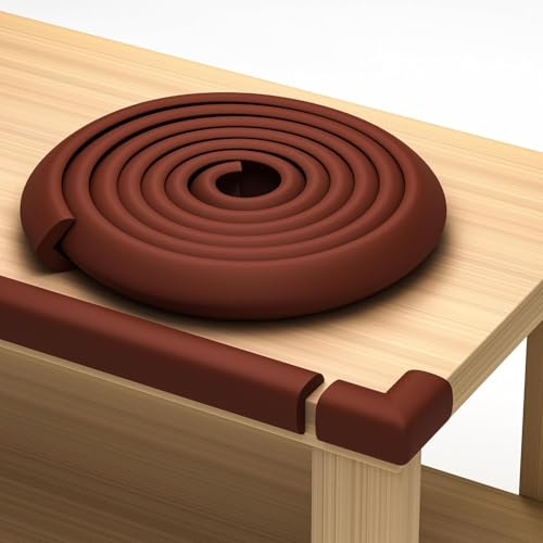 Baby Proofing Kit 18ft Edge Protector & 8 Corner Protectors, Non Toxic & Soft Rubber Foam, Baby Bumper & Corner Covers for Table, Desk, Crib, Fireplace, 3M Adhesive, Brown