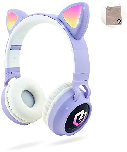 PowerLocus - Auriculares inalámbricos para niños, Bluetooth 5.0, cómodos y Plegables con micrófono Integrado, Volumen Limitado a 85 db, Ajustable, Tarjeta Micro SD, Ranuras LED, Luces LED