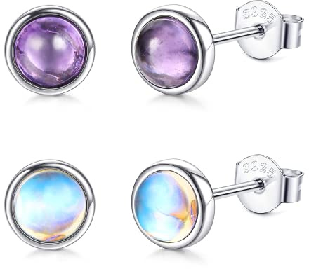 Finrezio 2 Paar 925 Sterling Silber Mondstein Ohrstecker Natürliche Runde Edelsteine Ohrringe für Damen Onyx Labradorit Amethyst grün Peridot Ohrstecker Hypoallergen 4MM Halo Ohrringe Set