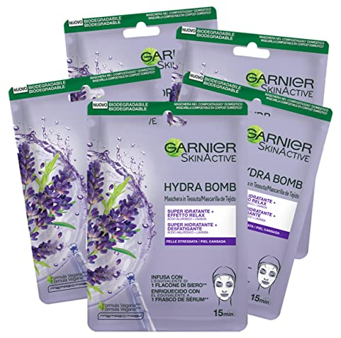Garnier Skin Active Hydra Bomb, Stoffmaske, sehr feuchtigkeitsspendend und entspannend, mit Hyaluronsäure und Lavendel, für strapazierte Haut, 5 Stück
