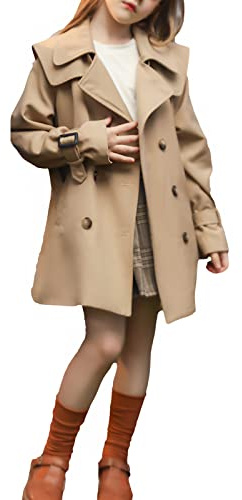 amropi Filles Trench-Coat Coton Automne Veste Single Breasted Trench Manteau (Kaki-2, 10-13 Ans)