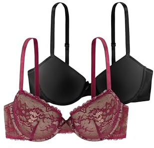 Dorina Pack de 2 Sujetadores Demi Mujer Chloe – con Aros, Ligeramente Acolchados, Encaje Floral & Microfibra Suave, Tirantes Ajustables, Rojo y Negro