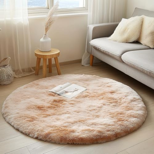 Tenekee Teppich Rund Teppich Wohnzimmer Hochflor Teppiche Langflor Wohnzimmerteppich für Wohnzimmer Flauschiger Teppich Schlafzimmer Outdoor Carpet (Khaki weiß, 80cm)