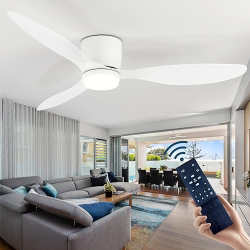 CANEOE Takfläkt med belysning och fjärrkontroll, tyst takfläkt med DC-motor och lampor, 106 cm takfläkt med LED-belysning med timer, 6 hastigheter för sovrum, vardagsrum, kök (vit)