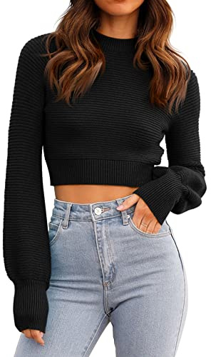 GeGekoko Pull en tricot court sexy pour femme avec col rond automne hiver chaud à manches longues élégant pull court pour femme, Noir , M
