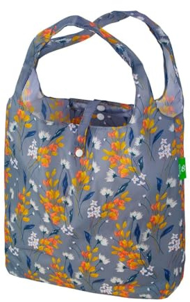 ECO CHIC Lightweight Foldable Reusable Shopping Bag Water Resistant Tote Bag (Flowers Grey)