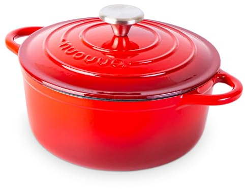 Nuovva Enamelled Cast Iron Dutch Oven Pot with Lid – 3.1 Quart Casserole Dish – Ceramic Dutch Oven for Bread Baking, Roasting, Braising & Stews – Oven Safe up to 500°F – 22cm Red