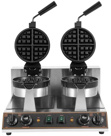 ANGDI Commercial Rotating Waffle Maker, 2600W Double Head Waffle Maker Machine, Non-stick Round Stainless Steel Waffle Iron Machine with 122-572℉ Temp & Time Control for Restaurant Bakeries