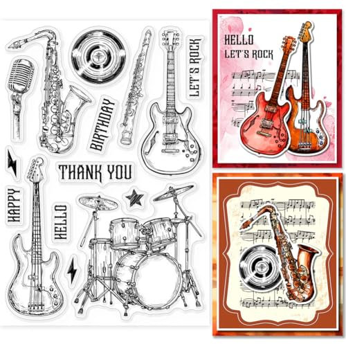 GLOBLELAND Transparente Stempel Aus Silikon Mit Musikinstrumenten Saxophon Bassgitarre Musik Transparente Stempelsiegel Für Die Kartengestaltung DIY Scrapbooking Journaling Dekoration 11x16cm