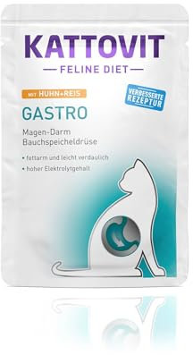 KATTOVIT - Gastro Nassfutter für Katzen | Zur Unterstützung des Magen-Darm-Systems | Diät-Alleinfuttermittel im Frischebeutel für ausgewachsene Katzen | 24 x 85 g Huhn mit Reis