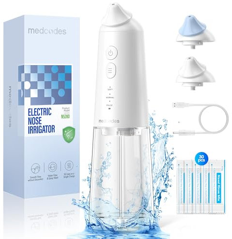 Medcodes Nasendusche Set Nasales Bewässerungssystem, Elektrisch Nasenspülmaschine, Nasenspülkanne zur Nasenreinigung und Nasenspülung bei Erkältung und Allergie, 30x Nasenspülsalz