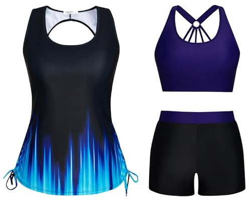 JASAMBAC 3-delad tankini för kvinnor, push-up bikiniöverdel och badshorts med hög midja, enkla badkläder, sportbaddräkt, badmode för strand, pool, Blå radial, XL