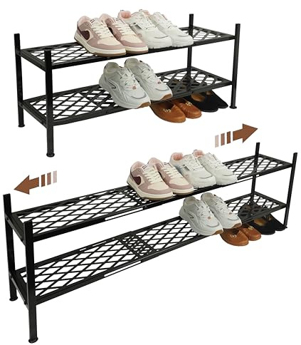 Nijoam Shoe Rack, 45.6 Expandable Shoes Storage Metal Shoe Shelf Stand 2-Tier Stackable Boot Organizer for Closet, Entryway, Garage, Bedroom, Door Entrance, Black