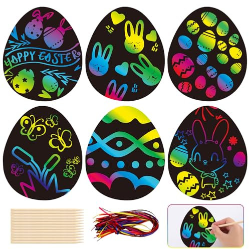 ARDFFA 30 Stück Ostereier Kratzbilder Bastelset für Kinder & Erwachsene - Ostern Kratzpapier mit 10 Holzstiften & 30 Bändern, Osterdeko, Geburtstagsfeier, Partygeschenke