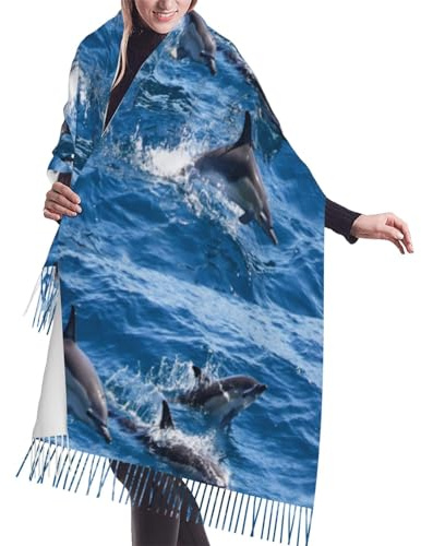 Poadnly Dauphins dans la mer, Grand châle doux au toucher cachemire pour femme, écharpe à franges, étole légère, 196 x 68 cm