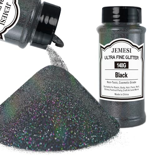 JEMESI Svart glitterpulver, 140 g – 0,2 mm ultratunt glitterpulver glitter för epoxiharts, gör-det-själv-pyssel, tumbler målning ljus tillverkning; kosmetiskt glitter, nagelpulver, body glitter hår