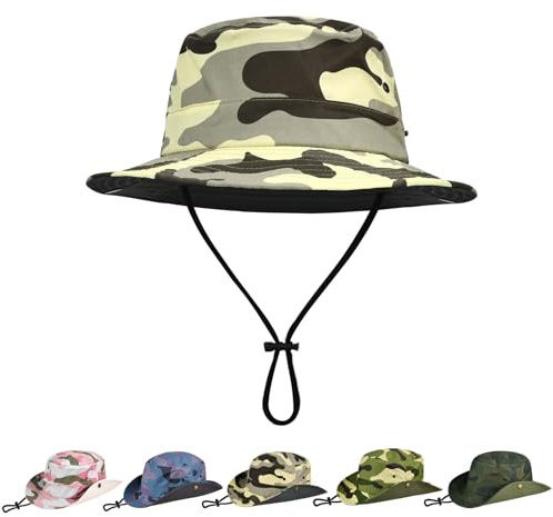 Sun Hats for Kids UPF 50+ Sun Protection Wide Brim Bucket Hat for Boys Girls Lightweight & Breathable Safari Fishing Hat Camo Khaki