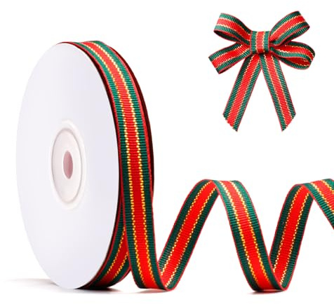 FAKILO Nastro Natalizio a Strisce 10 mm x 22 m, Oro Rosso e Verde – per Artigianato, Ghirlande, Decorazioni Albero, Confezioni Regalo, Fiocchi e Feste in Casa