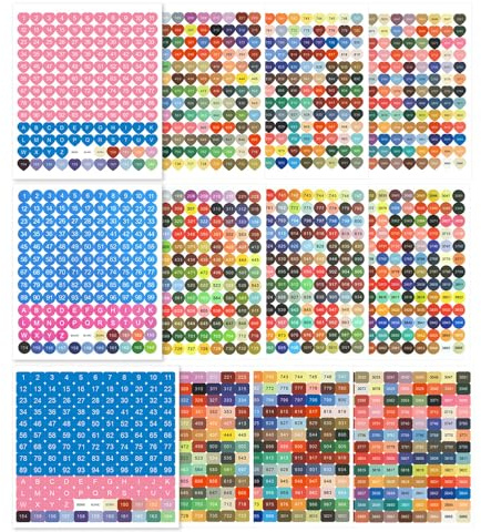 GIDWRIY Lot de 12 Feuilles Autocollants Numérotés,Etiquettes Autocollantes pour Painting Diamant,étiquettes Numérotées,Stickers Couleur,Stickers Numéro Coeur Carrés et Ronds pour Trier Et Organiser