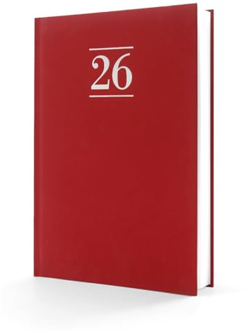 HW CASA Tagesplaner 2026, Notizbuch, Format B5, 200 Seiten, klassischer Einband aus Papier mit europäischen Feiertagen (DE/IT/ES/EN/FR), Design auf einer Seite und bunten Monatsetiketten, Rot