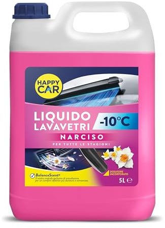 Happy Car Liquido Lavavetri Auto Invernale -10°C Narciso 5L - Tecnologia BalanceScent®, Azione Sgrassante, Profumata e Pronto all’Uso - Rimuove Sporco e Residui Stradali (Versatore Incluso)