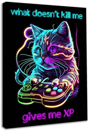 Dazzlewall Póster de Arte de Pared de Juegos de Neón, Divertido Cuadro de Gato Cyberpunk Para Dormitorio de Niño Adolescente Decoración de Sala de Juegos 30×40 cm Enmarcado